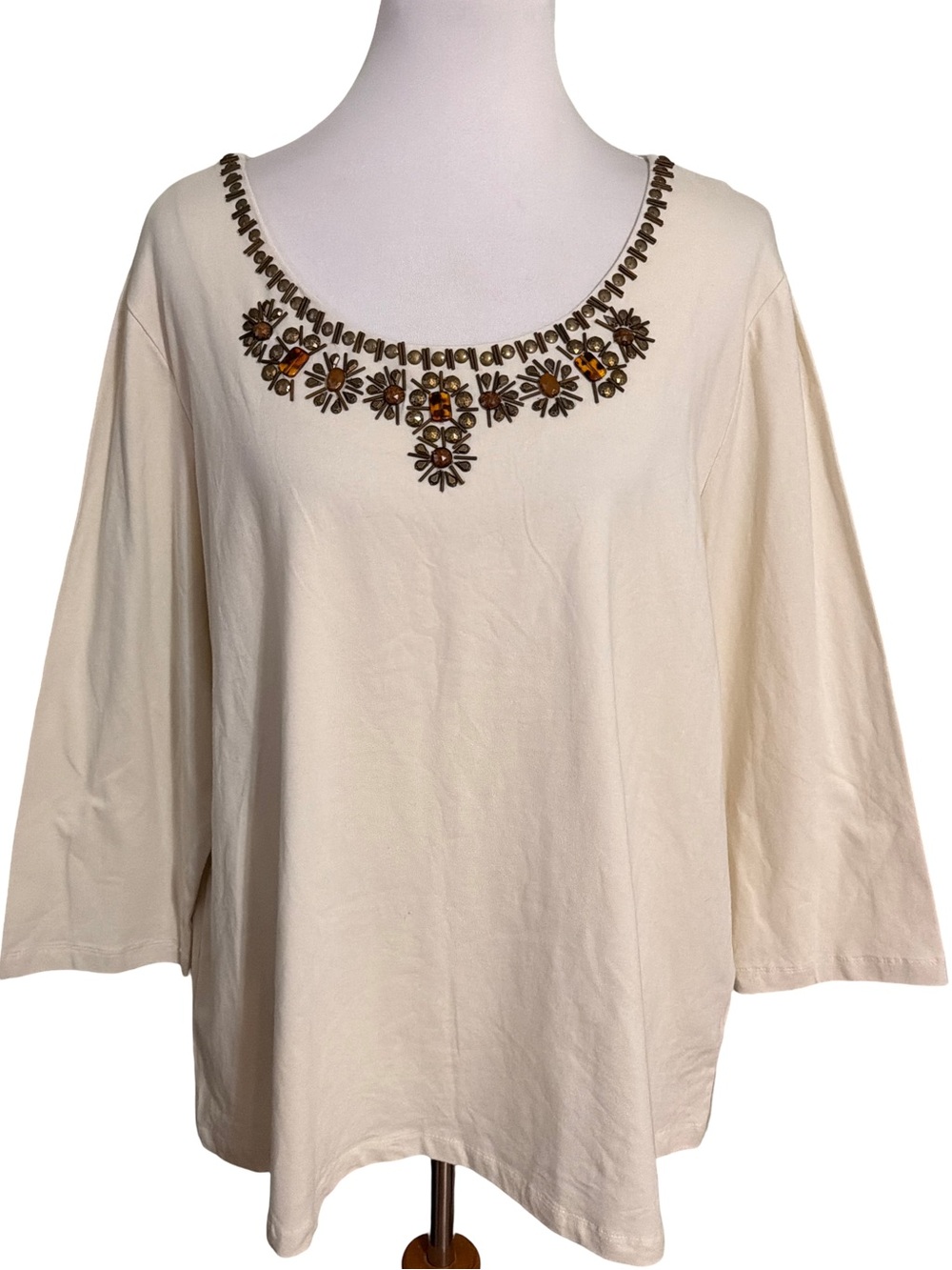 Ruby Rd. Cream Scoop-Neck Blouse with Brown & Gold Floral Embroidery